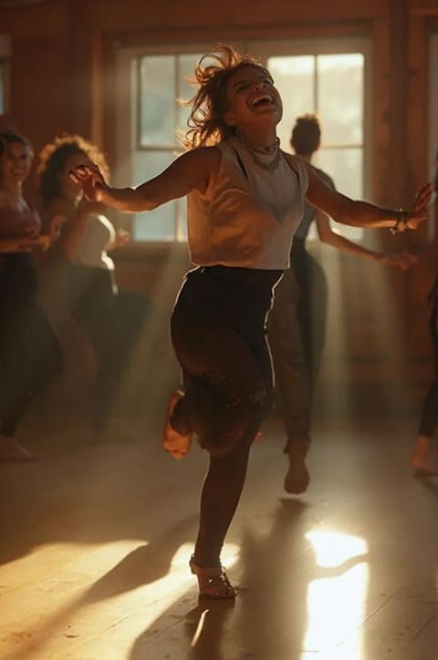 Mujer bailando con los brazos abiertos en una sala luminosa, captada en movimiento.